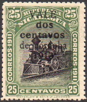 Nicaragua stamps 1913 surcharges Locomotive 2c/25c broken 'd' in 'dos'